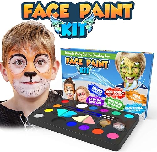 Miniatura 2 de Desire Deluxe Paleta de kit de pintura facial  Juego de maquillaje lavable para niños y adultos, incluye cepillo corporal, purpurina, plantilla,