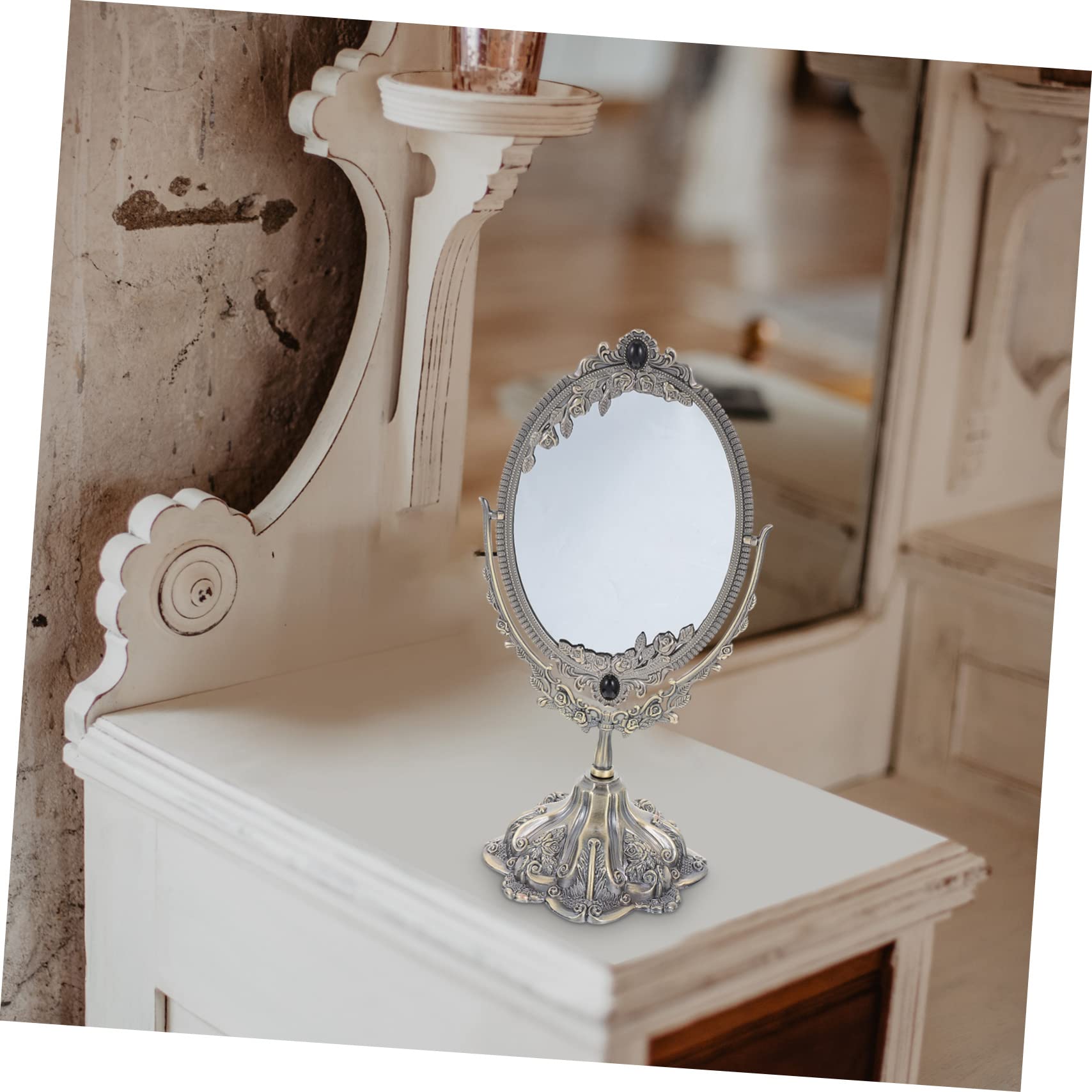 Beavorty Vintage Tischspiegel aus Zinklegierung, Doppelseitig Drehbar | Schminktischspiegel für Makeup und Hochzeit, Flacher Standfuß, Europäischer Stil, Hohe Definition