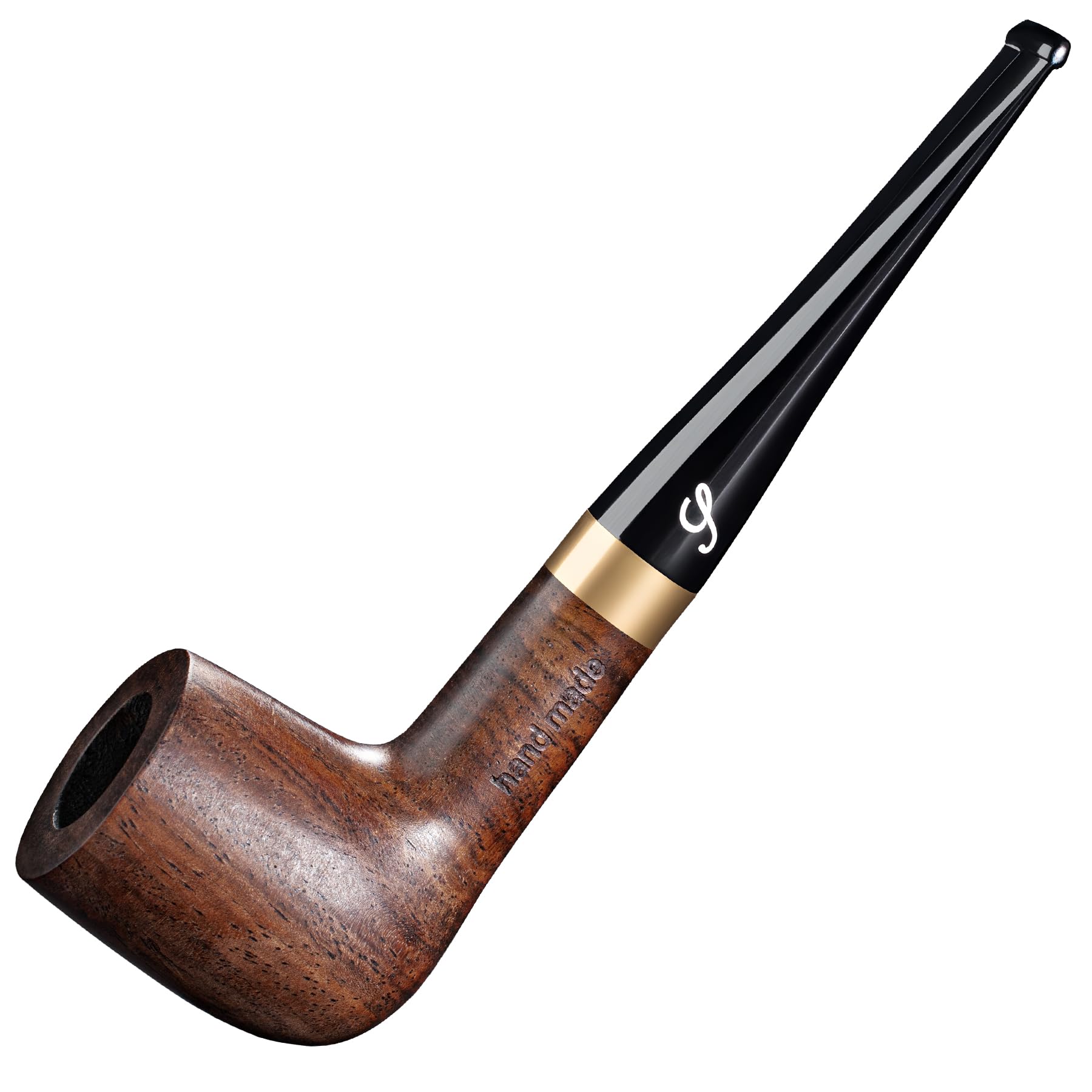 SPIPER Handmade Ebony Tobacco Pipe, Straight Stem Wooden Smoking Pipe with 9mm Filter, Golden Ring Design, Classic Gentlemen Pipe Gift