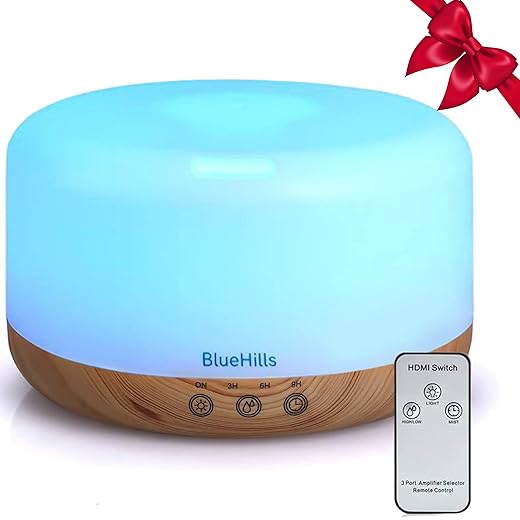 BlueHills Premium 1000 ML XL Essential Oil Diffuser Aromatherapy Humidifier with Remote Timer for Large Room Home 18 Hour Run Huge Coverage Area 1 Liter Mood Light Extra Large Capacity Wood Grain D004