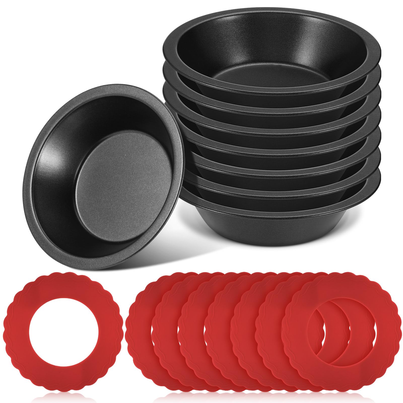 Pie Dish Set Including Mini Pie Pans Nonstick 5 Inch Mini Metal Bakeware and Silicone Pie Crust Protector 3.5-6.4 Inch Kitchen Pie Baking Cover to Protect Edge from Burning, Red (16 Pcs)
