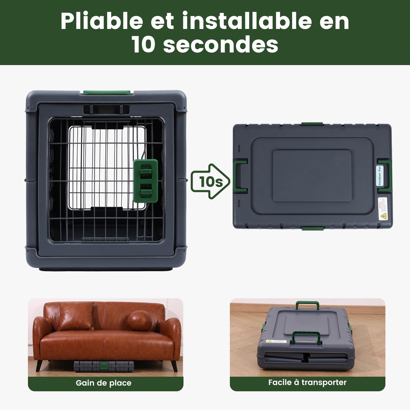 Gardner Pet Cage Portable pour Chiens Moyens Petits Chat 71x46.5x53cm, Cassie Transport pour Chien Pliable sans Outils avec 2 Roues-28 L-Vert