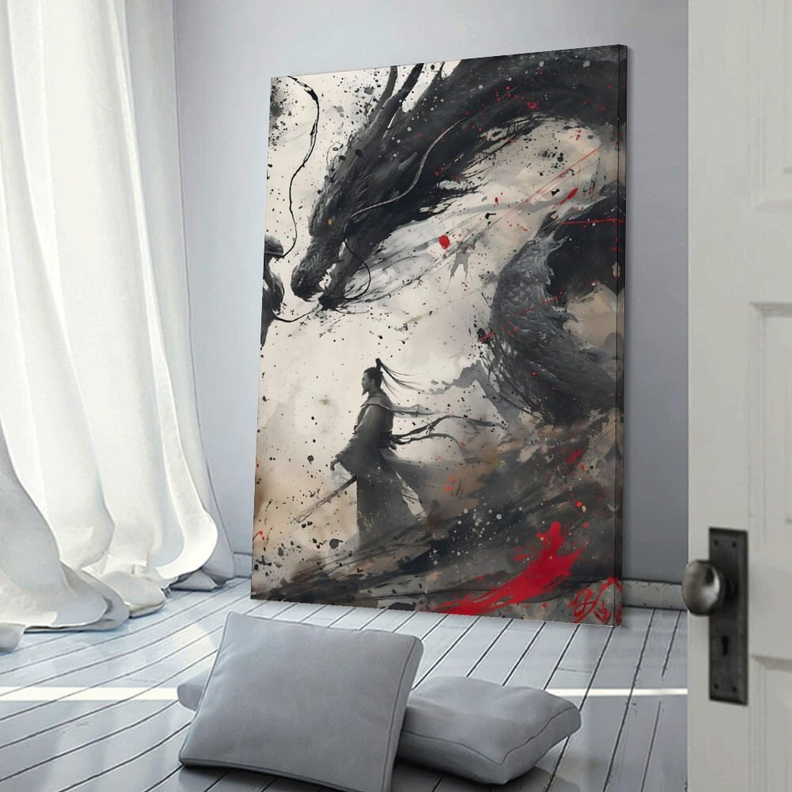 Junmoney Frame-Style-7 Dragon Warrior Epic Fantasy Artwork Canvas Wall Decor, 20X30inch(50X75cm), For Flats, Guest Rooms Or Compact Rooms, Decorative Canvas Decor For Home Updates