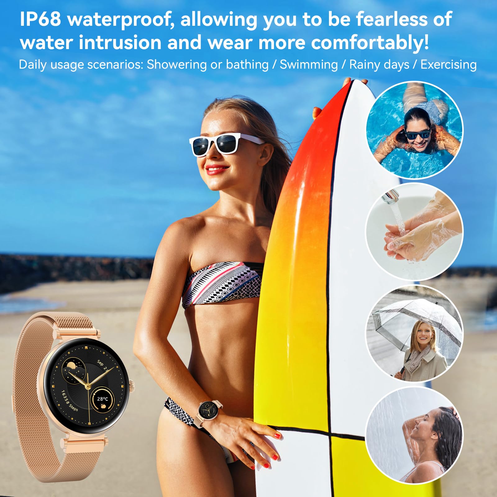 Bebinca Orologio da donna con funzione telefono, touch screen quadrato HD da 1,32", tracker fitness, impermeabile IP67/frequenza cardiaca/120+ modalità sport per Android iOS (Oro Rosa)