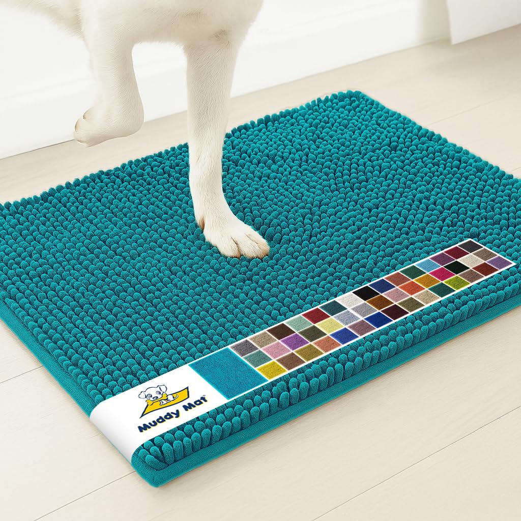 Muddy Mat® | Super Water Absorbent Door Mat Indoor, Microfiber Quick Dry Chenille Entryway Rug, Slip Resistant Front Door Mat, Indoor Mats for Entryway, Machine Washable Pet Rug, Teal 16"x24"
