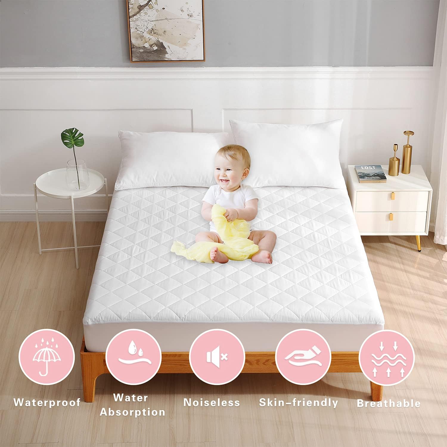 Amazon Brand – Pinzon Full Mattress Pads Protector Waterproof Breathable Diamond Pattern Quilted Fitted Mattress Cover with Deep Pocket White-54" X 75"