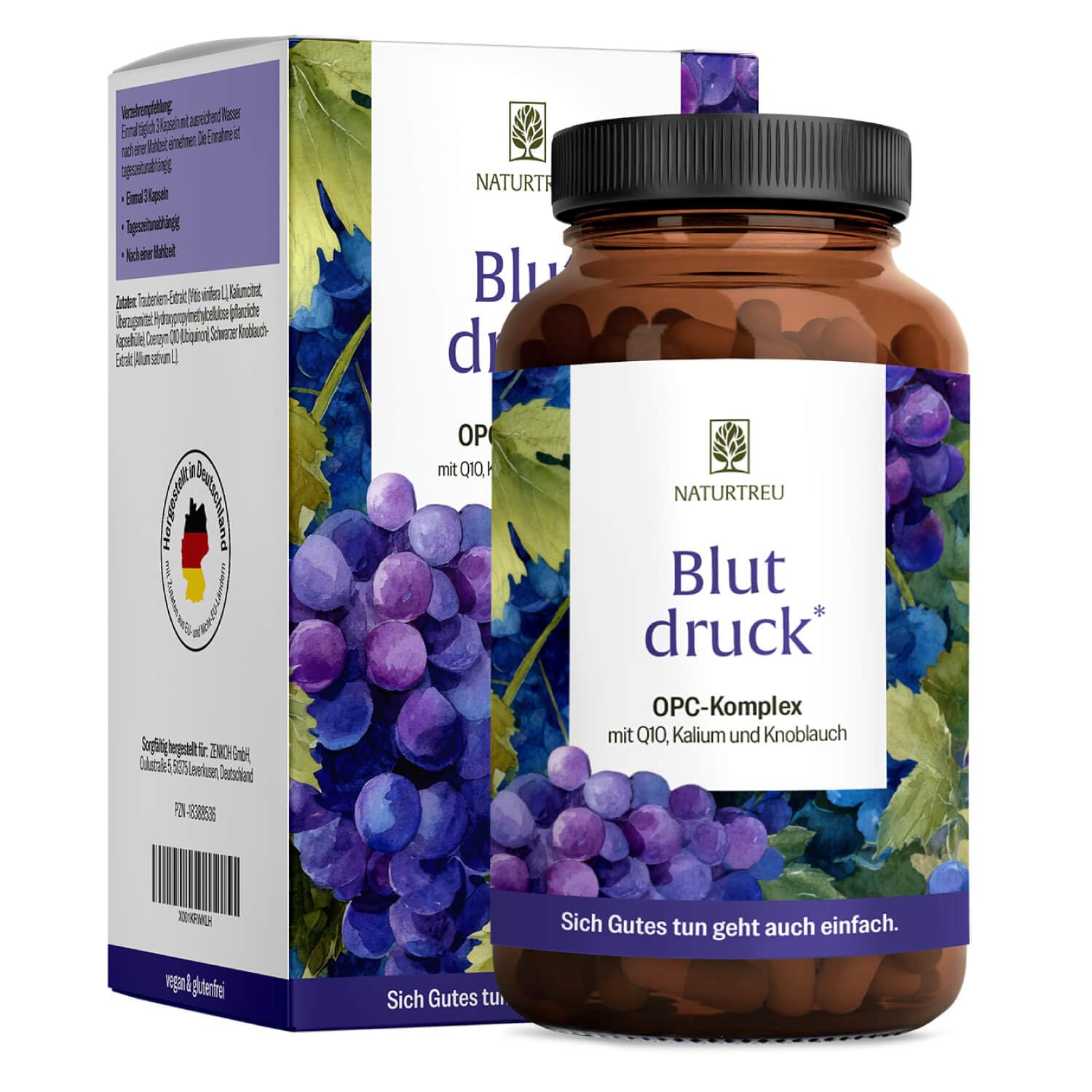NATURTREU OPC Traubenkernextrakt hochdosiert 900 mg – vegane Kapseln mit Q10, Kalium & schwarzem Knoblauch, 90 Stück