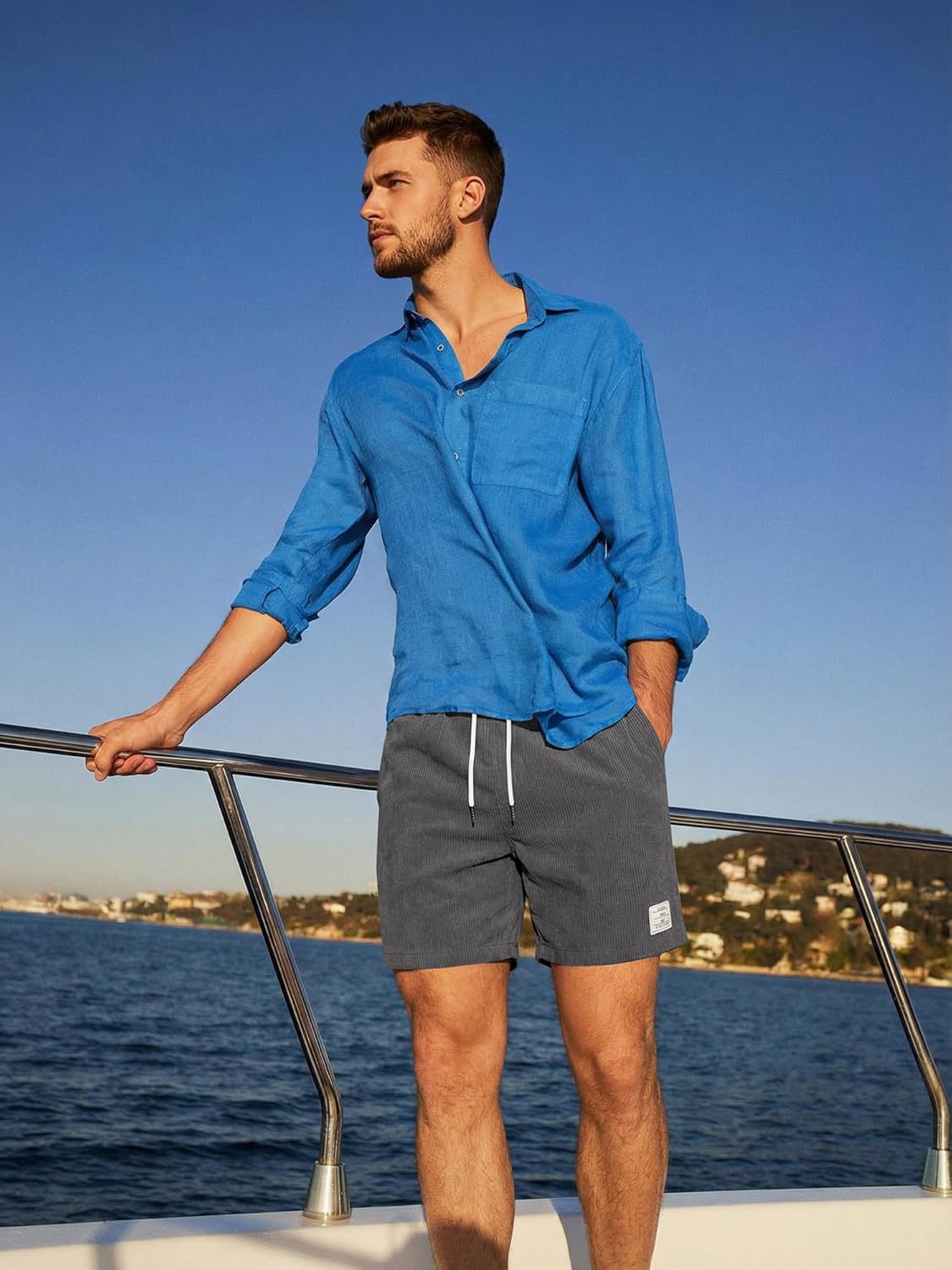 JMIERR Men's Corduroy Shorts Casual Elastic Waist Drawstring Lightweight Summer Beach Shorts - Image 8