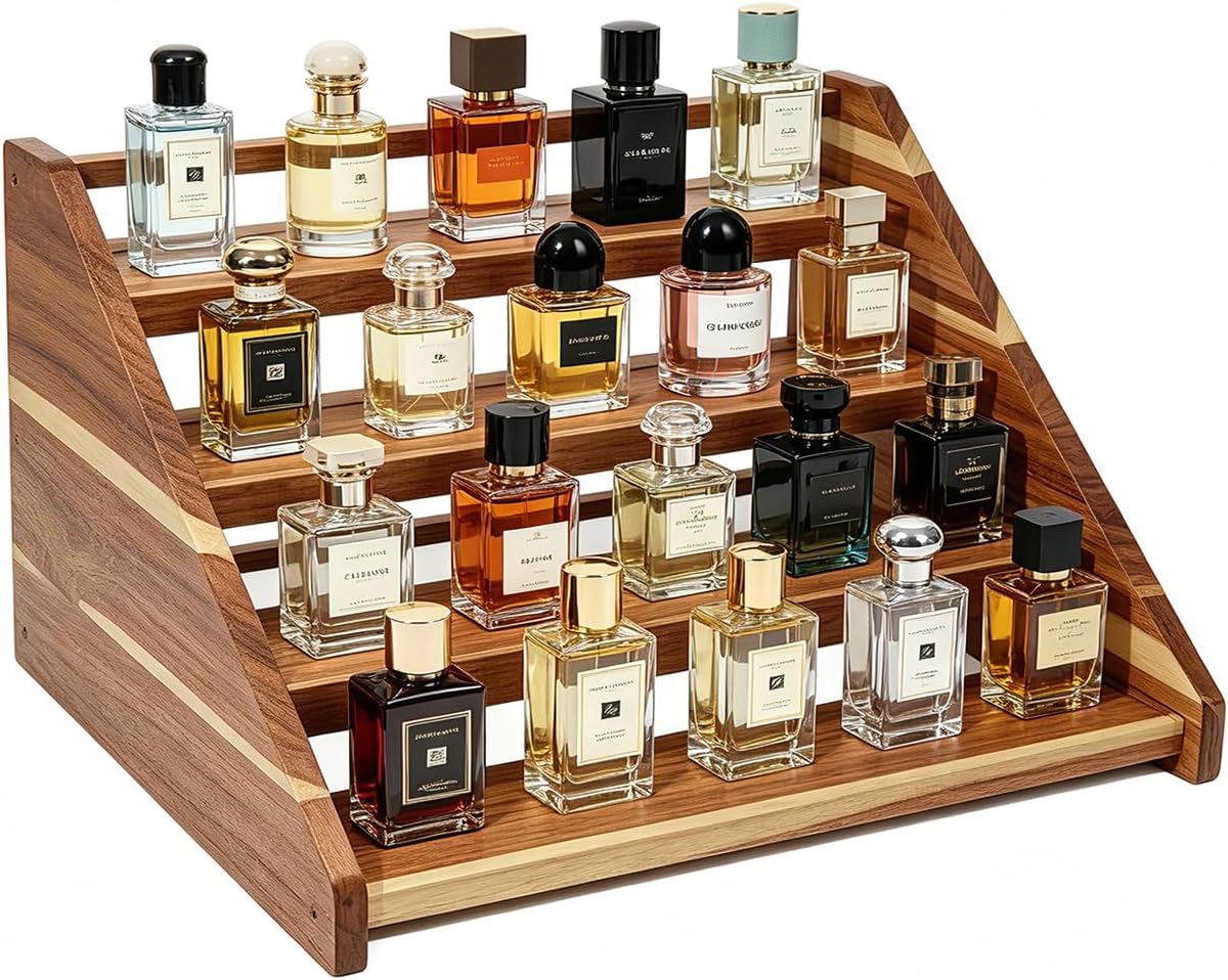 Acacia Wood 4 Tier Cologne Organizer for Men, Ladder Perfume Display Stand, Vanity Countertop Cologne Shelf, Perfume Organizer Stand Ideal Fathers Day Gift