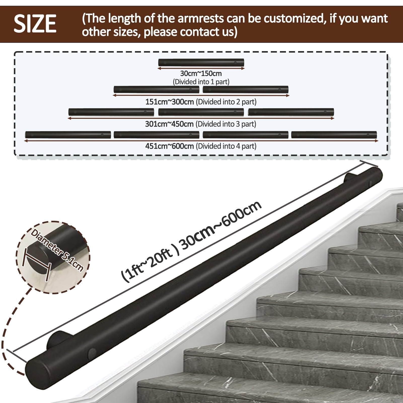 Pasamanos Pared Pasamanos De Acero For Escaleras Interiores, Kit De Soporte For Barandilla De Mano For Montaje En Pared, Varilla De Soporte(3.3ft/100cm)