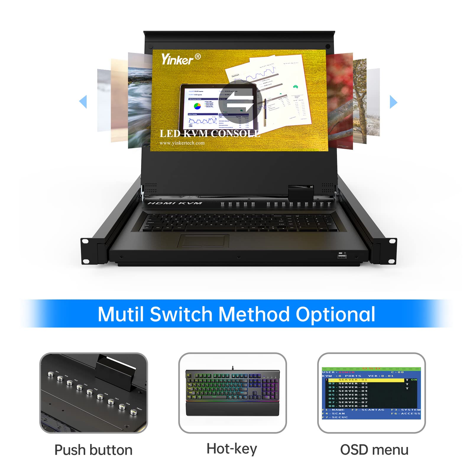 Console KVM LCD da 17,3" HDMI 8 porte, montaggio a rack KVM Switch Fit 1U 19" rack, tastiera monitor touchpad cassetto integrato + cavo 1920 x 1080