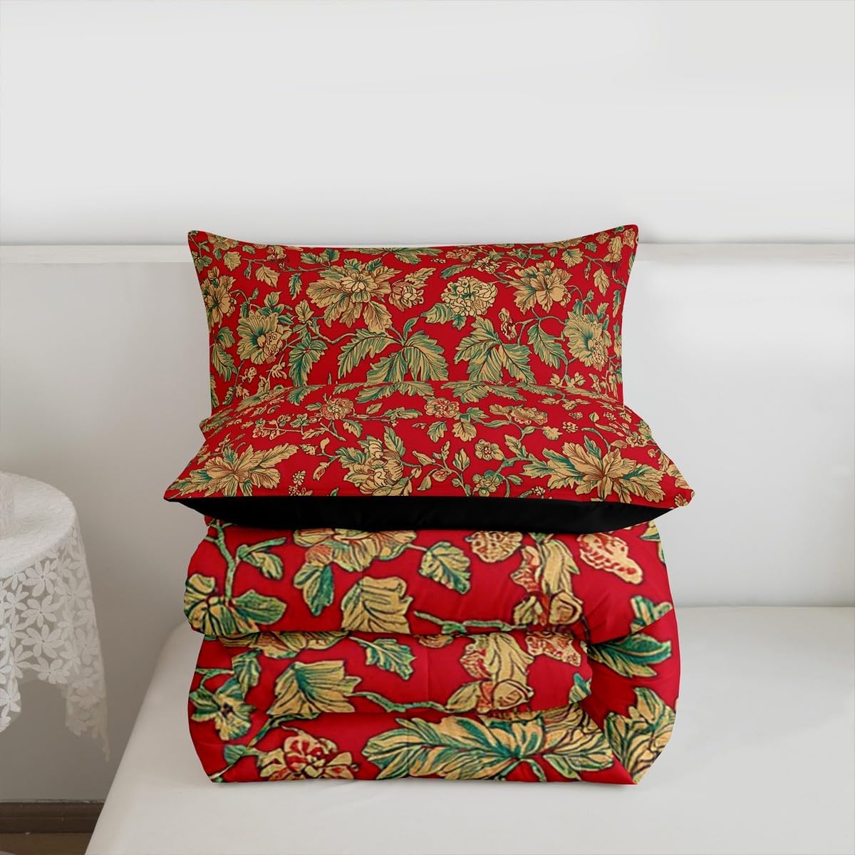Red Floral Bedding Set for Women Adult Green Leaves Comforter Set Boho Exotic Mandala Down Comforter Retro Chic Botanical Flowers Quilt Set Full Size All Season Garden Bedroom Decor 3Pcs