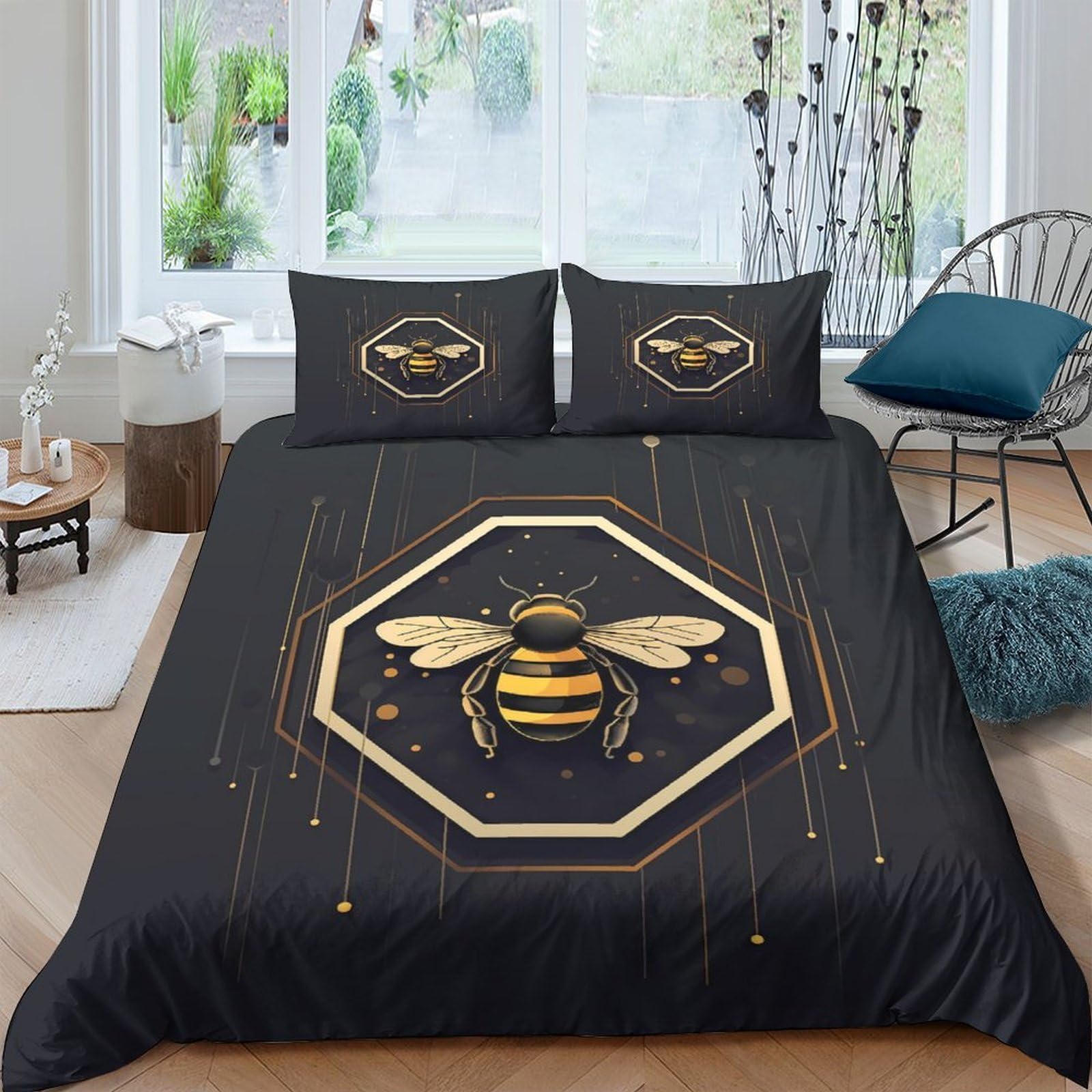 Ctjqhvkz Style-7 3D Printed Golden Bee Fitted Sheet Microfiber Soft Black Honeycomb Bed Cover For Bedroom Dorm Mattress Decor Single（135X200cm）