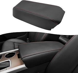 KBH Center Console Armrest Cover Replacement for Ford Edge 2011 2012 2013 2014, Vinyl Leather Middle Console Arm Rest Upholstery, Anti-Scratch, Black-Red Stitch