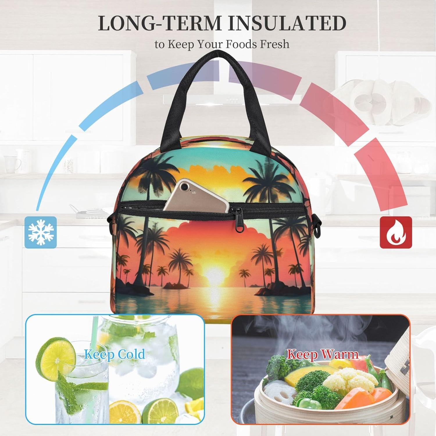 Sunrise Tropical Palm Tree Island Print Lunch Bags For Women,Leakproof Insulated Lunch Box, Adjustable Shoulder Strap For Work Picnic