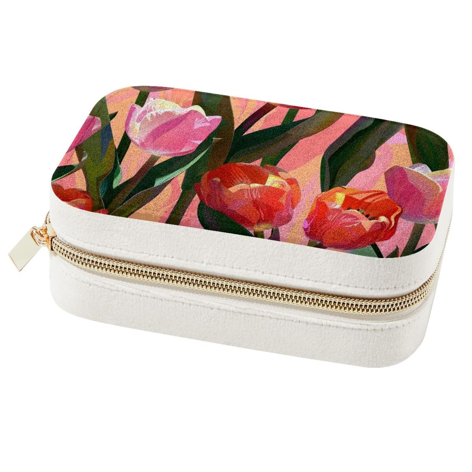 Boîte à bijoux compacte rose tulipe anti-nœuds pour protéger bagues et boucles d'oreilles