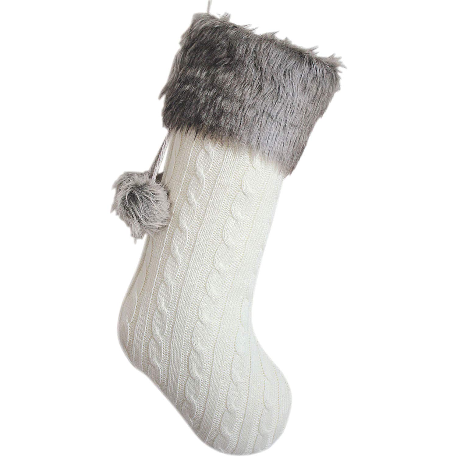 Gireshome Ivory Cable Knitted Body, Faux Fur Cuff with Faux Fur Fluffy Pompom Ball Christmas Stocking, Xmas Tree Decoration Festival Party Ornament - 10