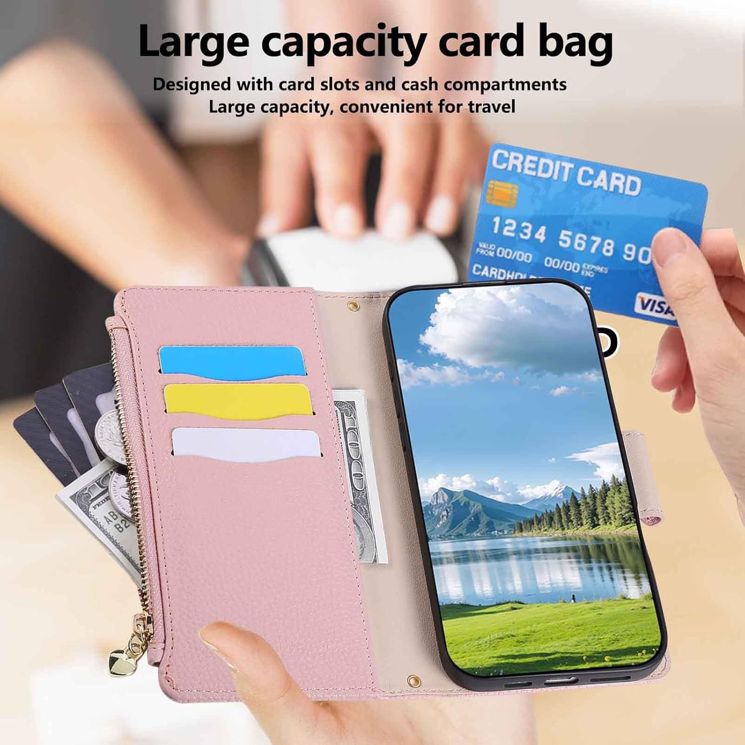 Crossbody Lanyard Case for Samsung Galaxy Z Fold 7, Zipper PU Leather Wallet Cover with Card Slots Kickstand Protective Phone Cover Black