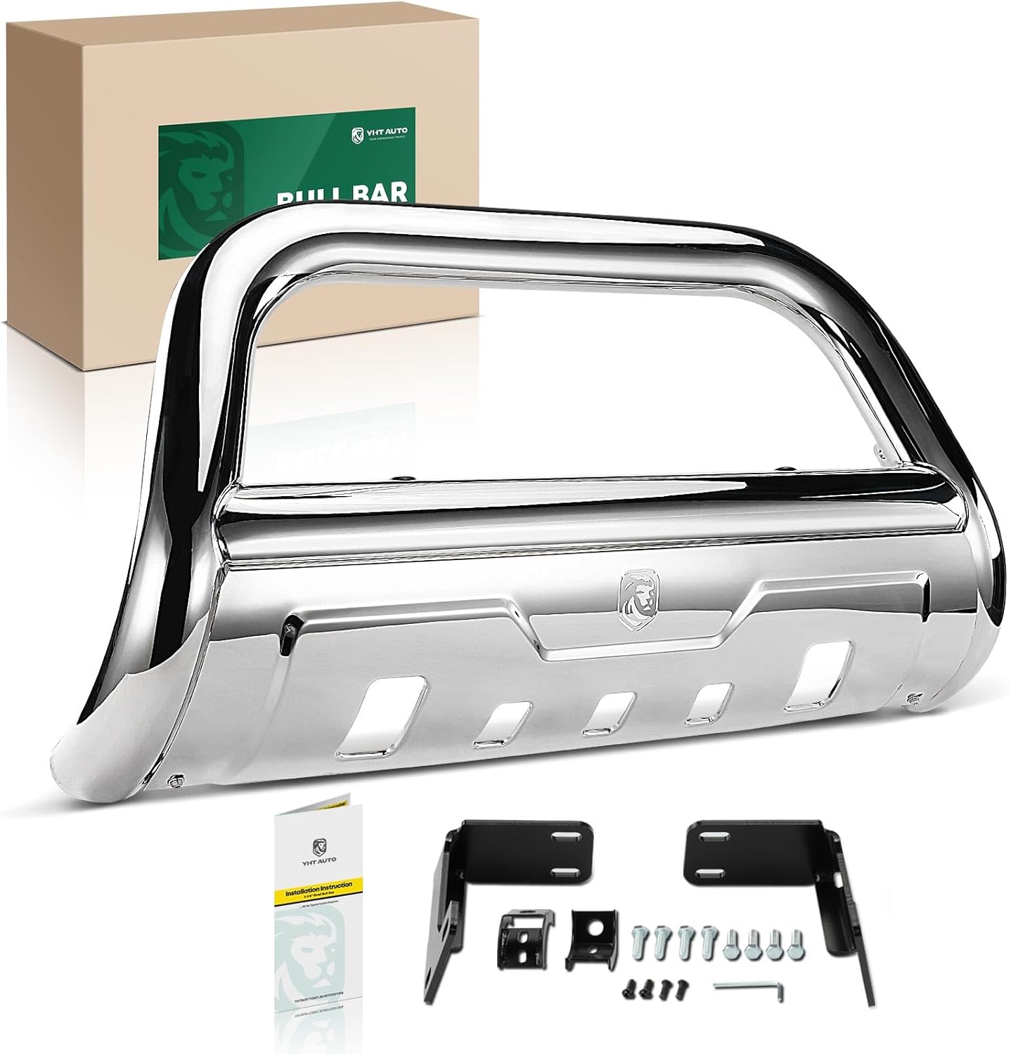 YHTAUTO 3.5" Bull Bar Push Bar with Skid Plate Light Mount Fit Dodge Ram 2500 2010-2018, Ram 3500 2010-2018, S/S 304 Brush Guard for Truck Front Bumper Off Road Accessories