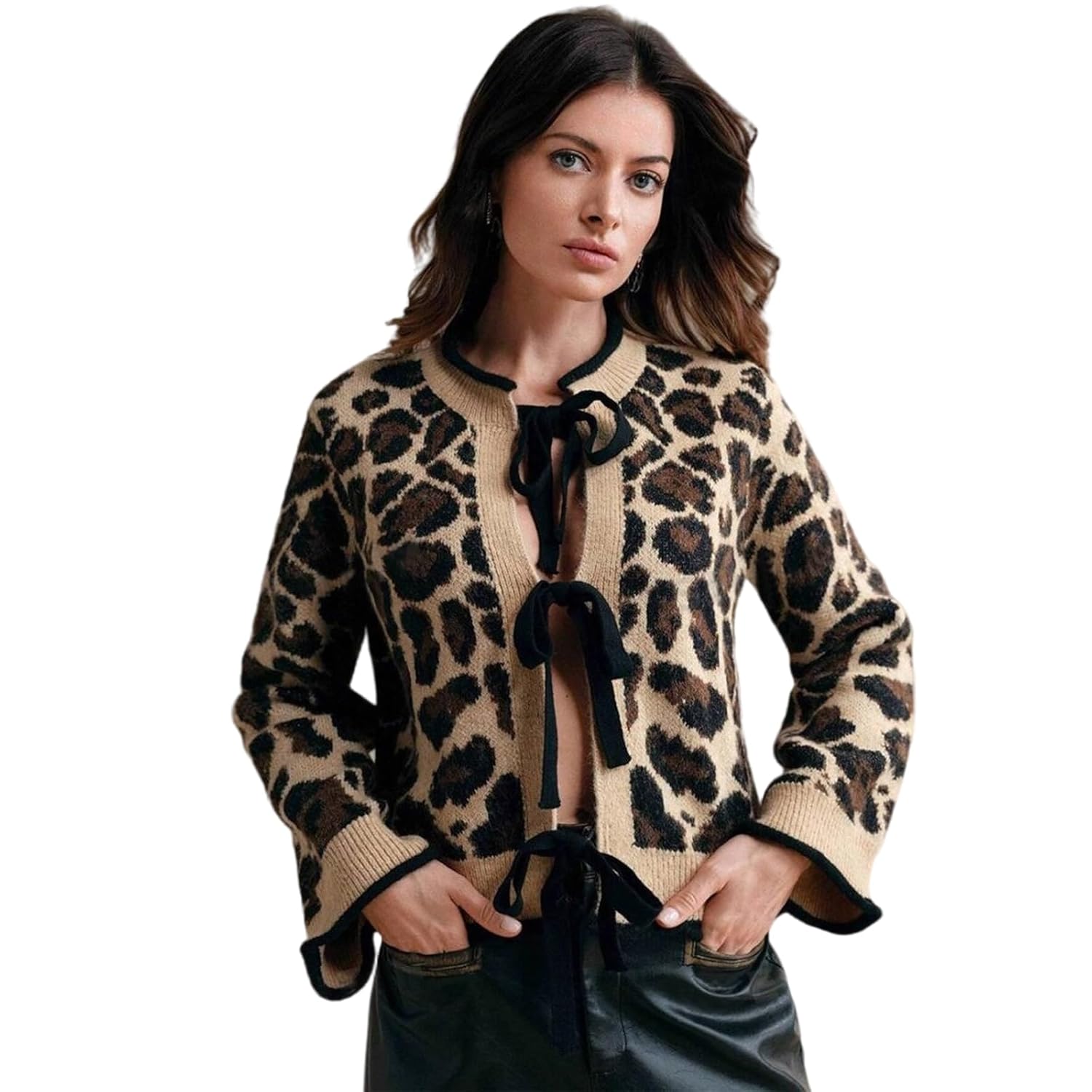 SANLWomens Leopard Print Cardigan Y2KOpen Front Knit Sweater Tie Detail Cozy Loungewear Soft Fall Cover Up