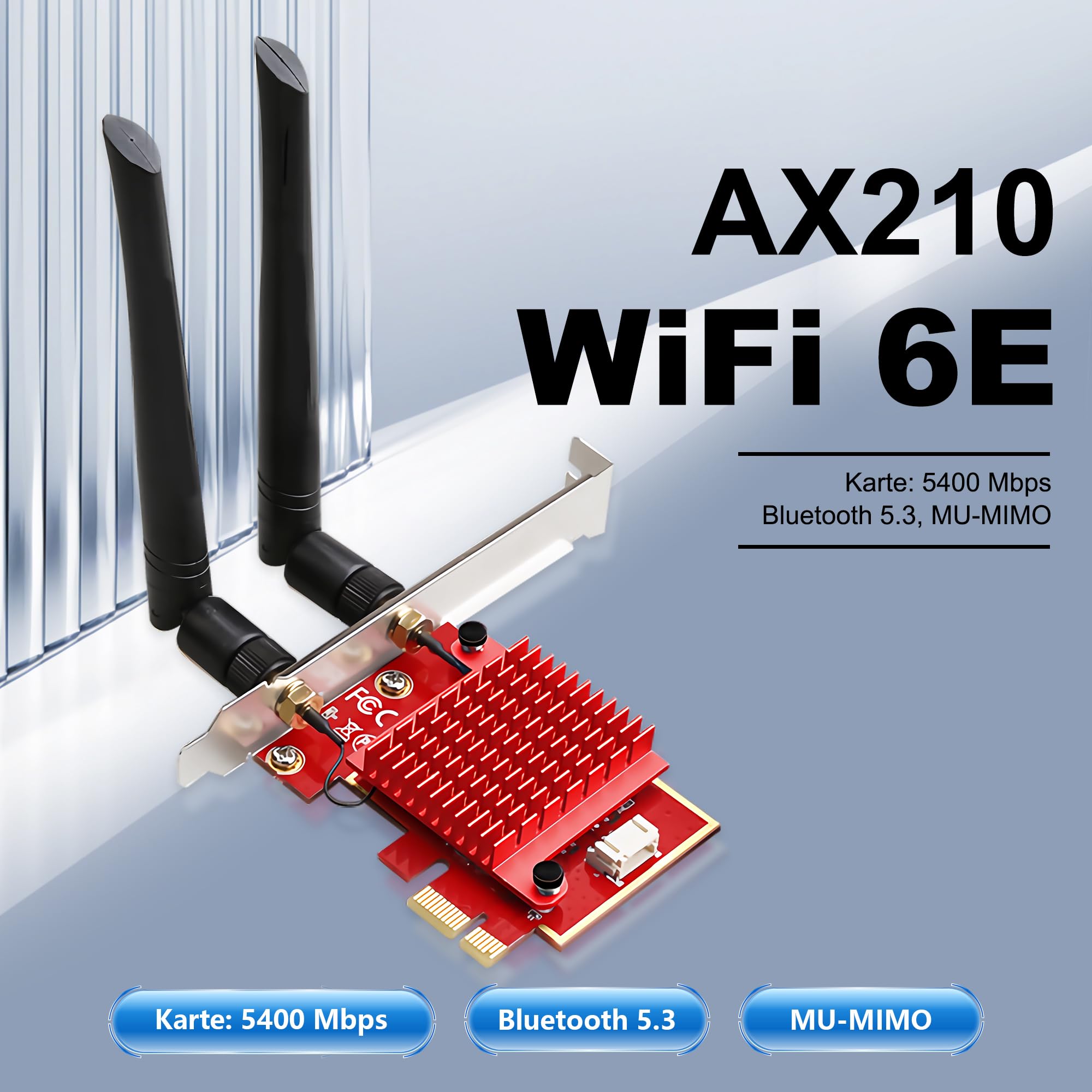 WiFi 6E PCIe Card Gaming, Intel AX210 Chip, 5400Mbps Tri-Band (2.4/5/6GHz), Bluetooth 5.3, Ultra-Low Latence for Windows 10/11, Desktop PC Wifi, Adaptateur WiFi