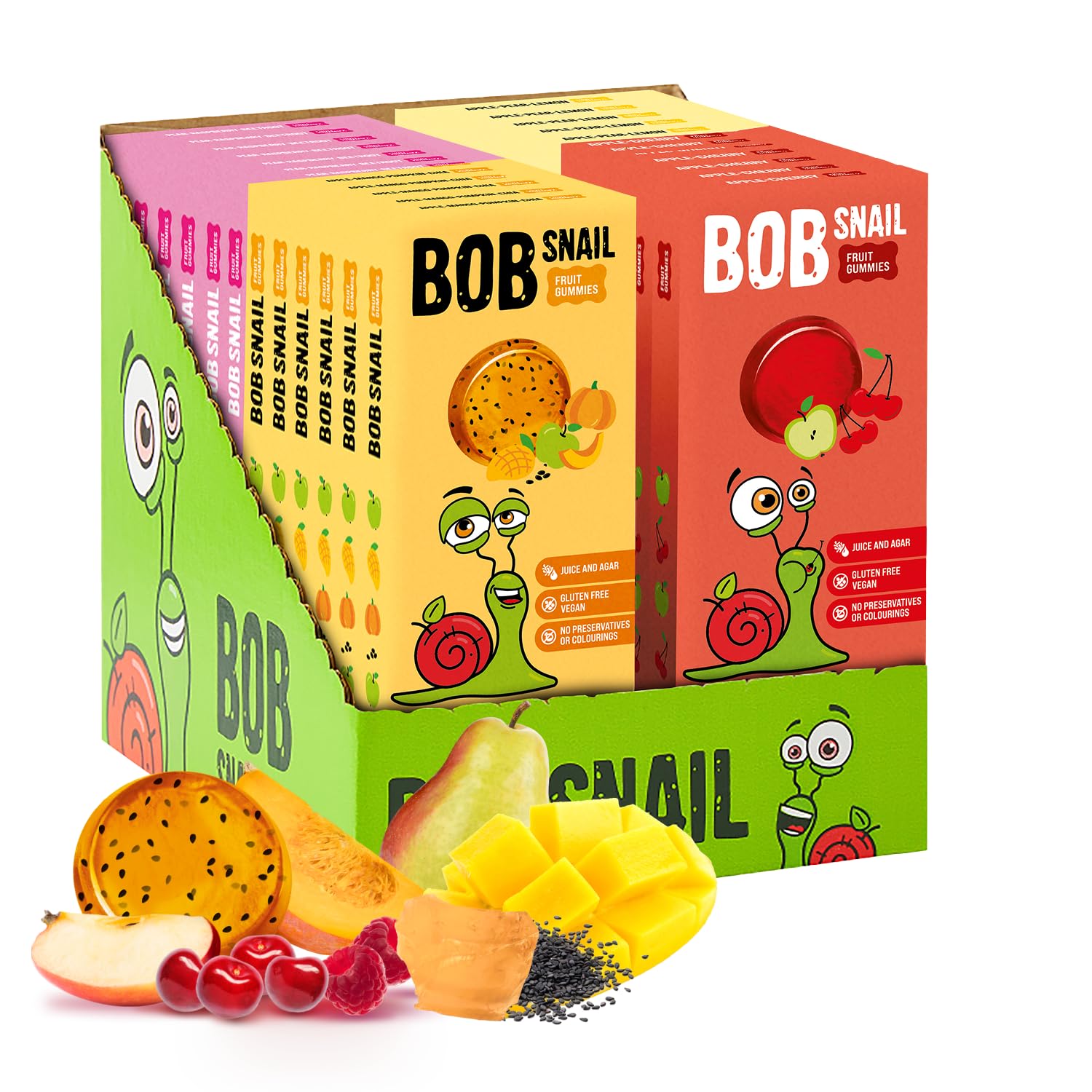 BOB SNAIL Healthy Gummy Fruit Snacks for Kids and Adults - 66 Individually Wrapped Vegan Jelly Candy Variety Pack - Gluten Free and Added Sugar Free Gummies Apple Raspberry Cherry Mango