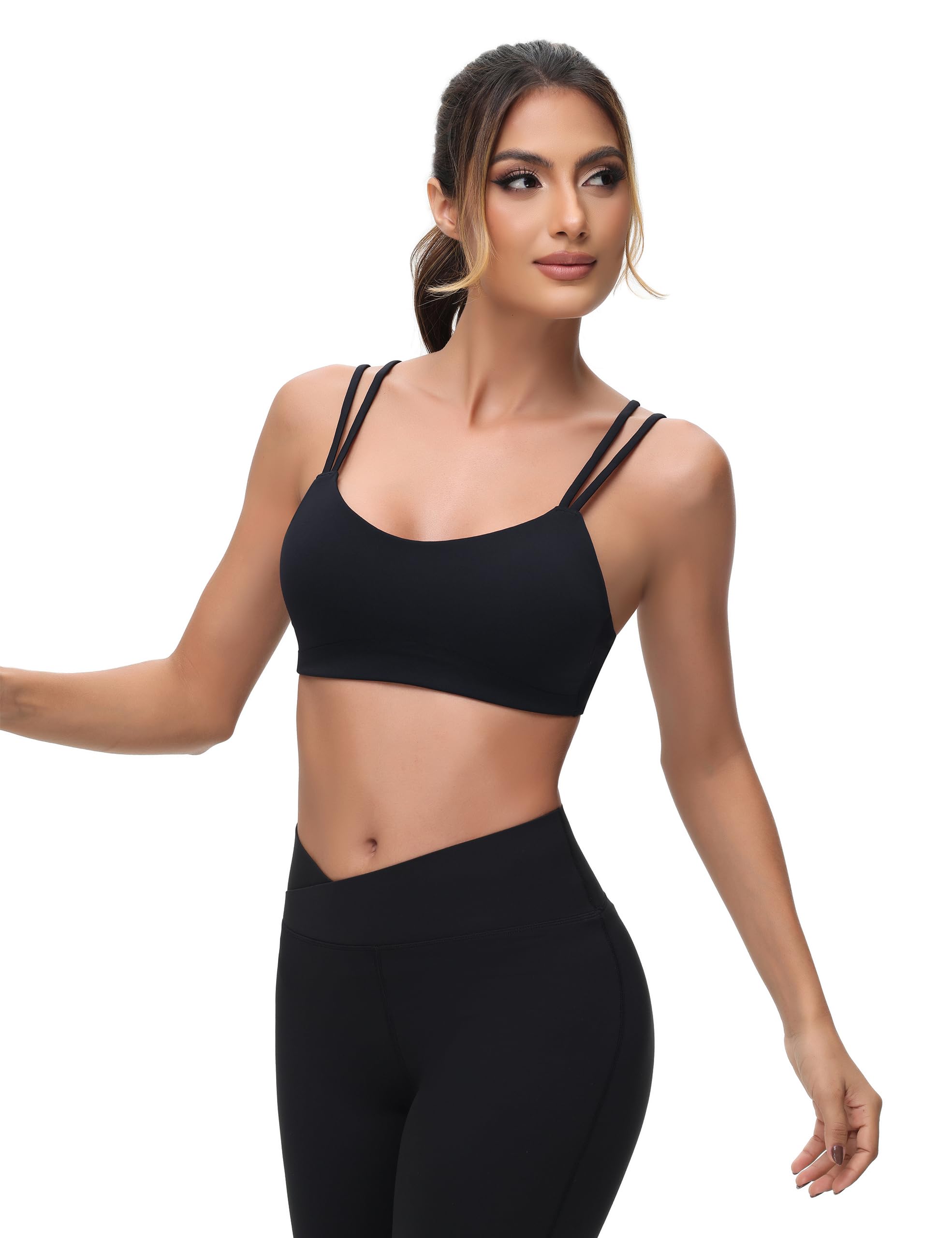Sujetadores deportivos de yoga para mujer, sin costuras, copa moldeada, espagueti, doble tirante, sin varillas, cuello redondo, brasier sin mangas