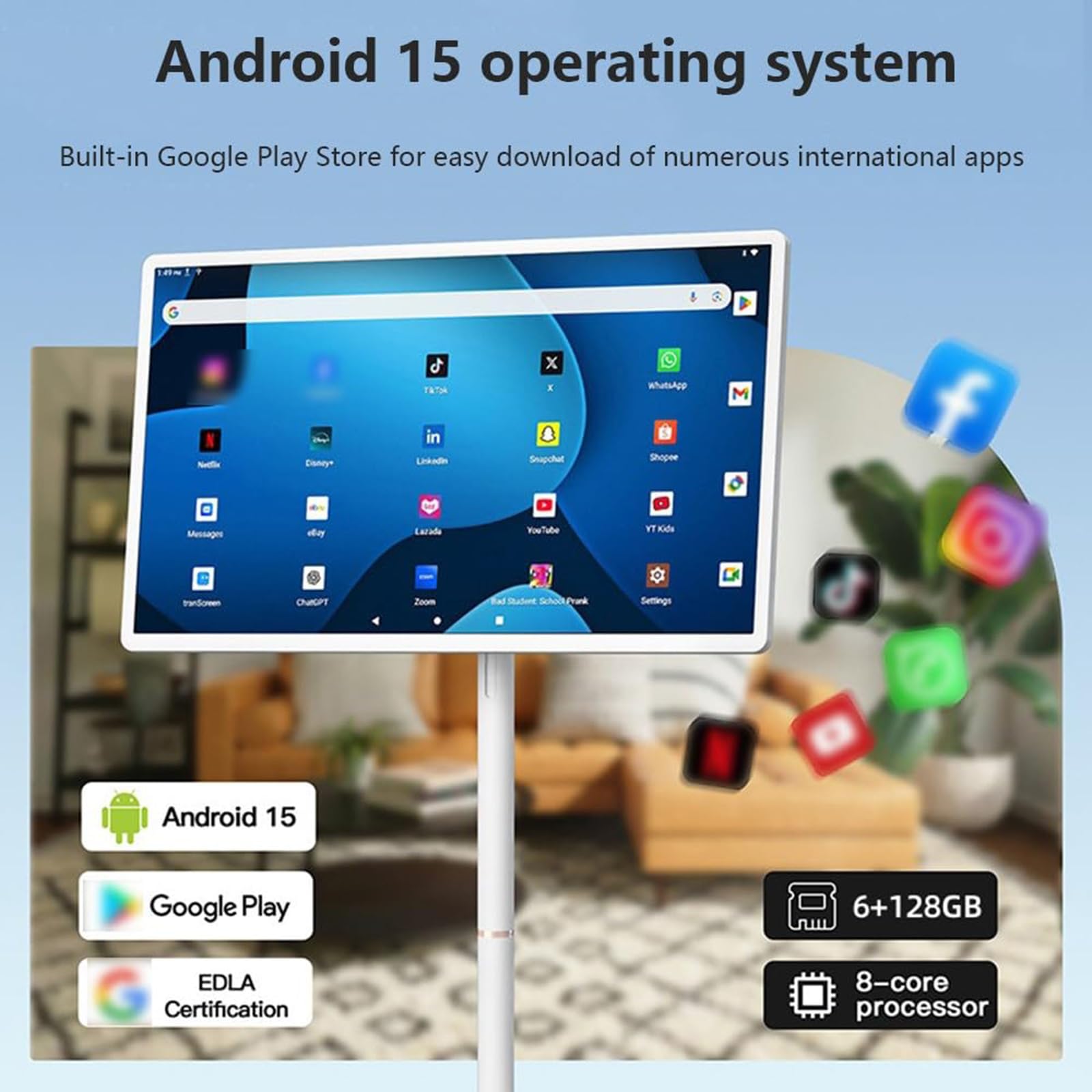 Schermo Smart TV Portatile Da 32'' (6+128 GB) Con Telecomando, Supporto TV Mobile Android 15.0, TV Mobile Wireless Su Ruote, Batteria Integrata, Rotazione Completa
