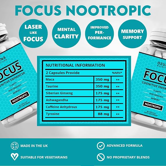 Focus Nootropic Supplement for Memory Brain Support – Natural Nootropic for Cognitive Support, Energy, Mental Clarity, and Concentration Boost – 60 Capsules