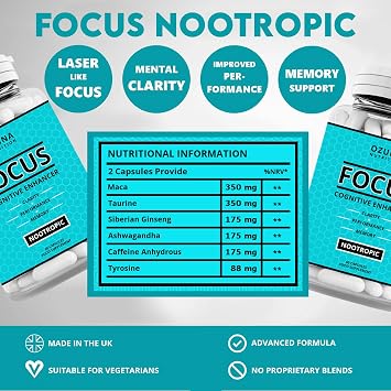 Focus Nootropic Supplement for Memory Brain Support – Natural Nootropic for Cognitive Support, Energy, Mental Clarity, and Concentration Boost – 60 Capsules