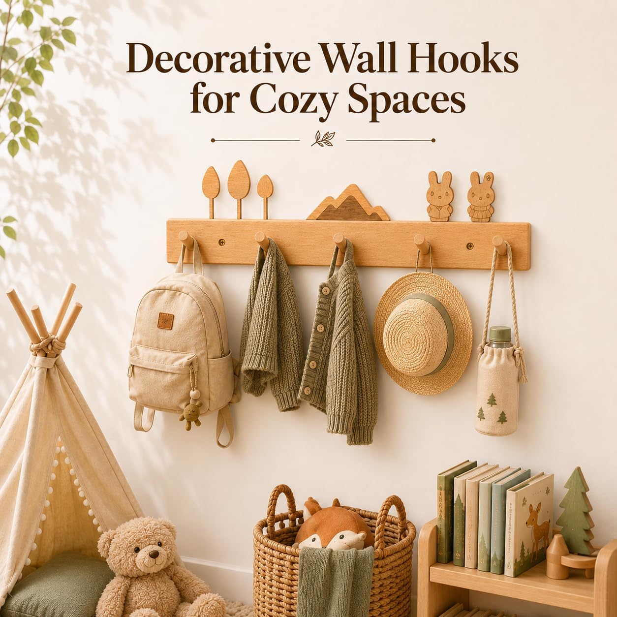Wooden Wall Coat Rack with Cute Bunny Hooks for Kid's Room - Modern Decorative Rabbit Natural Wood Wall Mounted Peg Rack for Entryway, Bedroom & Living Room