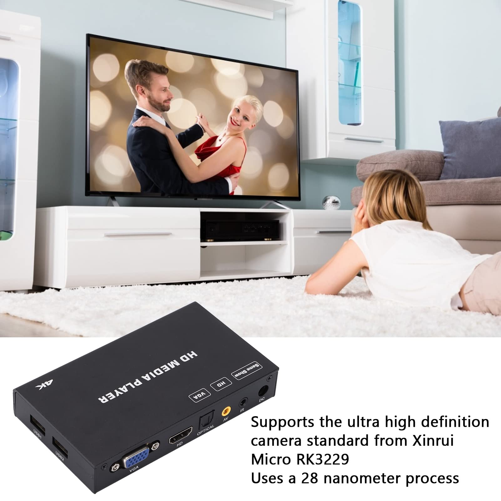 SONK Cyfrowy odtwarzacz multimedialny 4K Ultra HDMI z obsługą pilota zdalnego sterowania Wyjście VGA/Optyczne wyjście audio i ekran telewizora 4K 60 FPS, odtwarzacz multimedialny USB do pamięci USB