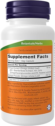 Miniatura 2 de NOW Suplementos, Ginkgo Biloba 60 mg, extracto estandarizado al 24%, proyecto verificado sin OMG, 120 cápsulas vegetales