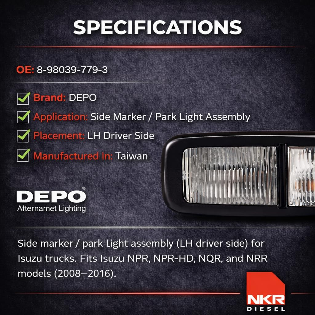 Truck Side Marker Park Light | Driver Side LH Marker Lamp | for Isuzu NPR, NPR-HD, NQR, NRR | 2008-2016