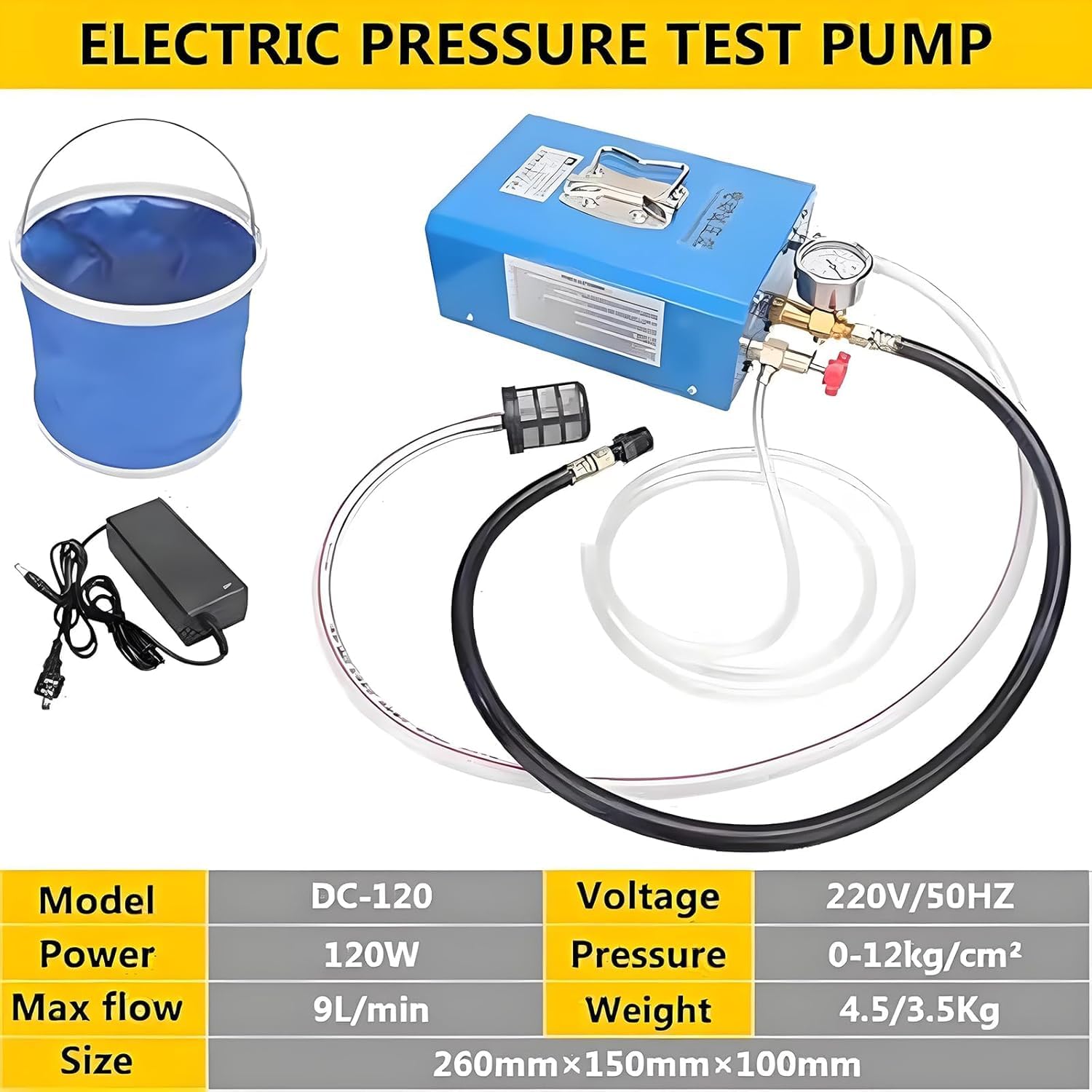 Bomba eléctrica de prueba de presión, herramienta de prueba hidrostática para comprobación de tuberías, 0-12 kg/cm², 9 l/min, con medidor a prueba de golpes para calefacción de suelo, calefacción de