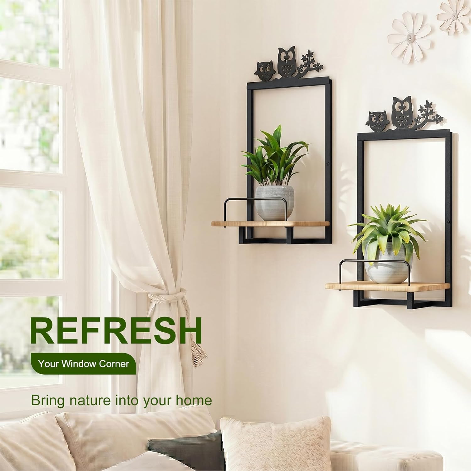 Shineled Wall Planter for Indoor Plants 2 Pack, Wall Mounted Plant Holder for Small Plants, Floating Wall Shelf for Plants, Real Oak Wood, Magnetic Animal Decor, Home Wall Decor (OWL)