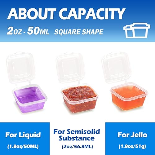 Miniatura 4 de Recipientes de plástico de 2 onzas con tapas (paquete de 200), recipientes desechables para condimentos con tapas, tazas de porciones para salsa,