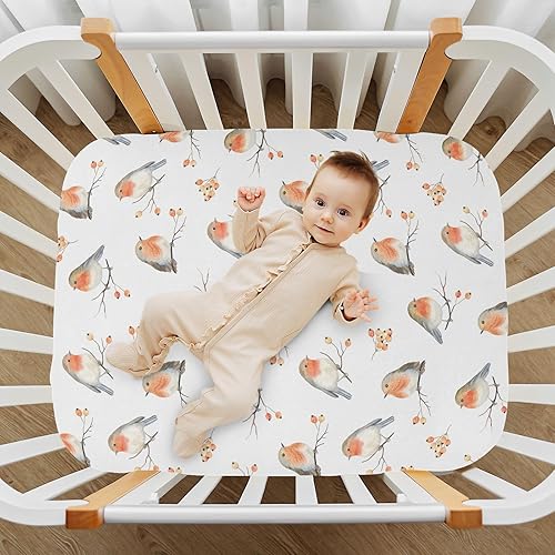 Miniatura 6 de Sábanas para cuna de pájaros y bayas, sábanas ajustables elásticas para cuna para niños y niñas, sábana unisex acogedora para cuna de bebé, 27 x 39