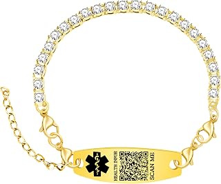Uloveido Customizable QR Code Medical Alert Tennis Bracelet, Silver and Gold Color Options, Personalized Engraved Health ID Jewelry, Scannable Emergency Contact Wristband for Women