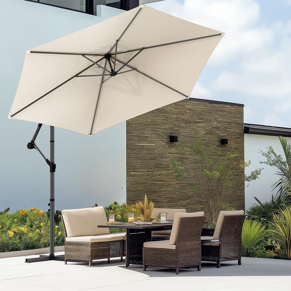 VOUNOT Ombrellone da Giardino Diametro 3M Decentrato Parasole Base a Croce Protezione UV Beige