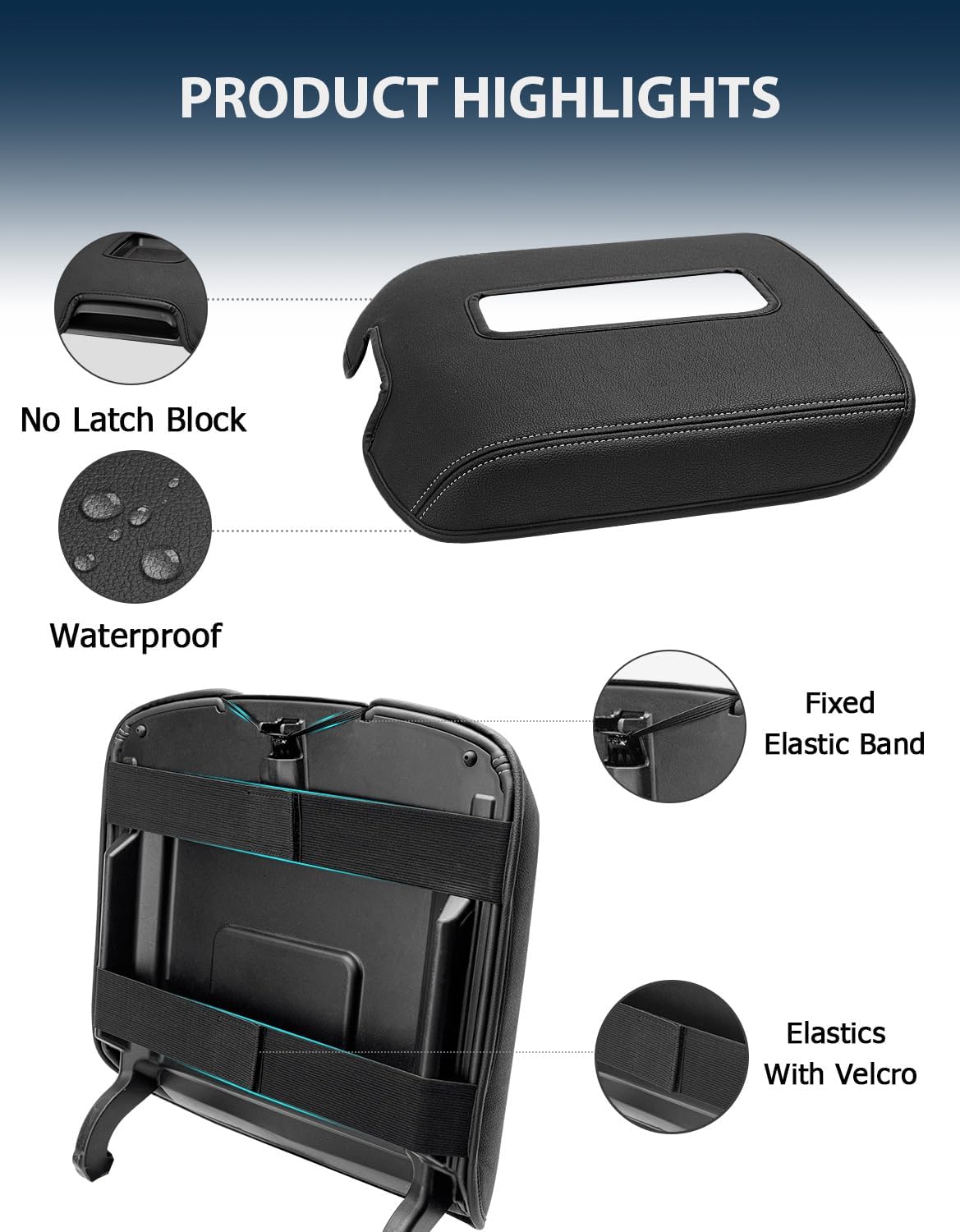 Center Console Armrest Cover for GMC Sierra & Chevrolet Silverado 2014-2018, Tahoe & Yukon & Suburban 2015-2020, Bucket Seat, Car Armrest Protector, Black Gray Stitching