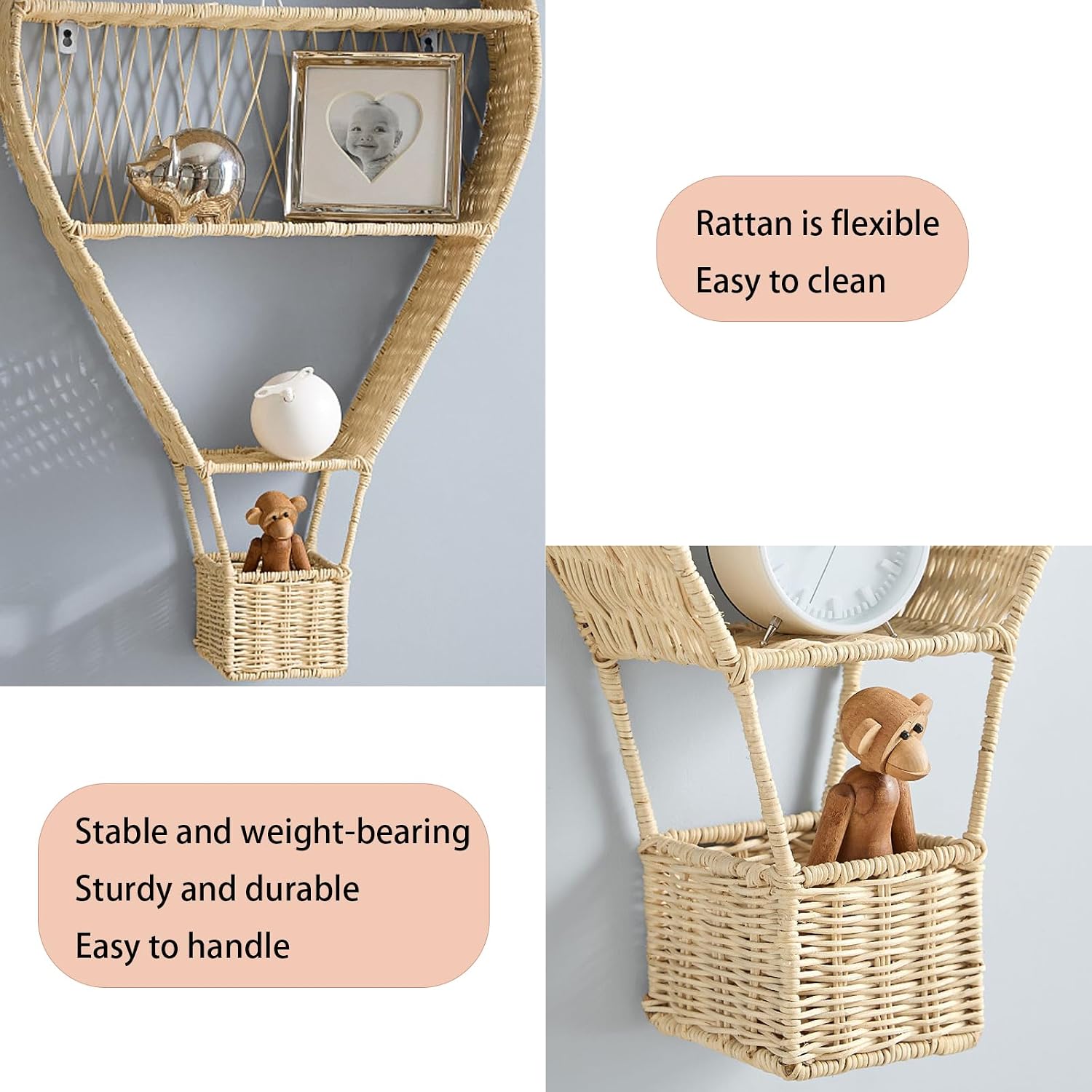 Hot air Balloon Shaped Floating Wall Shelf with Shelves and Storage Baskets, Made of Rattan, Suitable for Bathroom, Living Room and Children's Room Beige