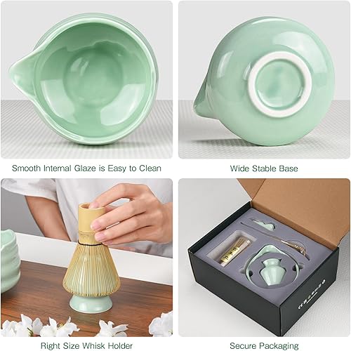Miniatura 4 de Juego de batidor de matcha Juego de 7 piezas de cerámica Matcha con cuenco, batidor, soporte, cuchara, tamiz, descanso y toalla - Kit de Matcha