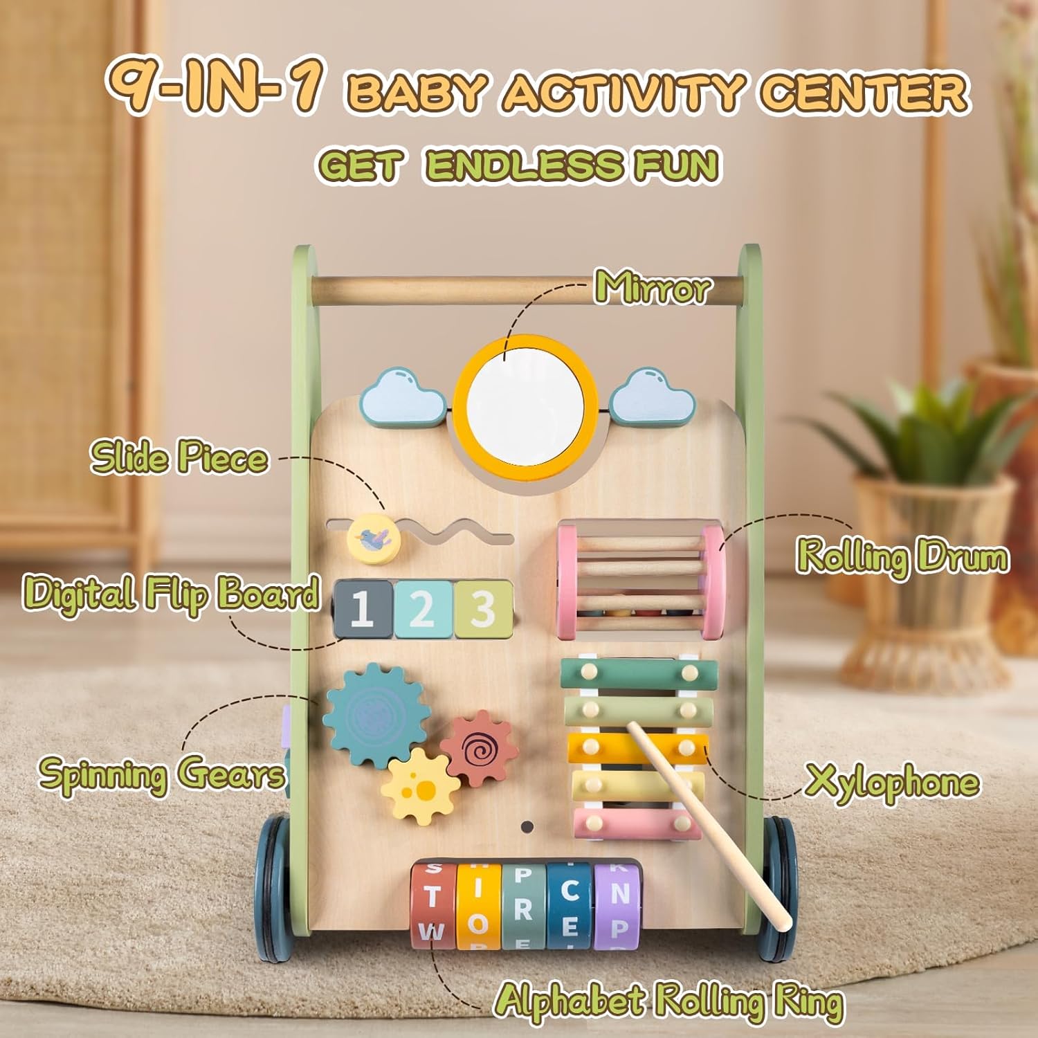 Wooden Baby Walker with Wheels, Baby Walker for Boys 12 Months Push Toy, Montessori Walking Toys for 1 Year Old Activity Center - Image 2