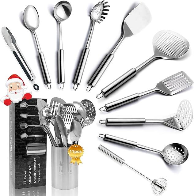 Kitchen Utensil Set Stainless Steel 11pcs - LYLAB Cooking Utensils Set for Cooking and Baking, Heat Resistant Kitchen Tools with Utensil Pot, Potato Masher, Skimmer, Spoons, Turners, Tongs, Whisk