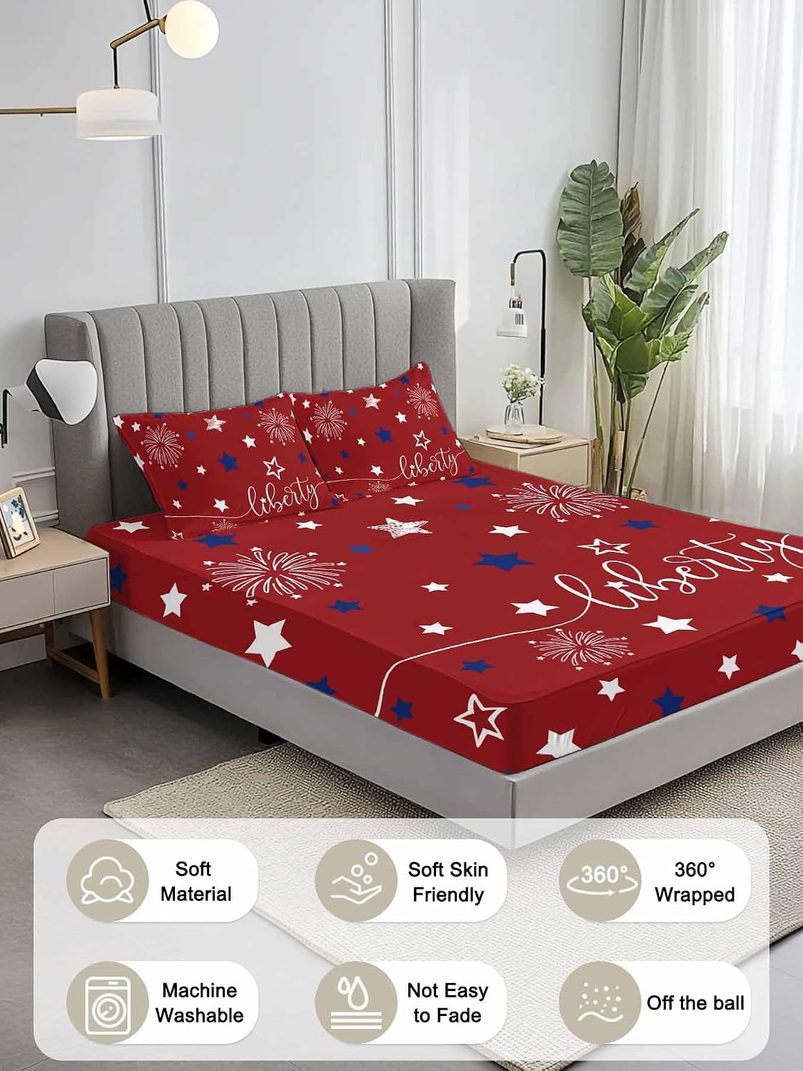 Savannan 3 Pieces King Fitted Sheet Set, 4th of July White Blue Star on Red Deep Pocket Up to 16", Patriotic Liberty Concept Soft Elastic Bed Sheets and Pillow Cases Secure Fit