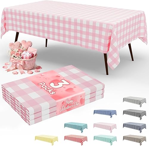 Smiry 3 paquetes de manteles desechables a cuadros, mantel de plástico impermeable de 54 x 108 pulgadas, manteles rectangulares a cuadros rosa y