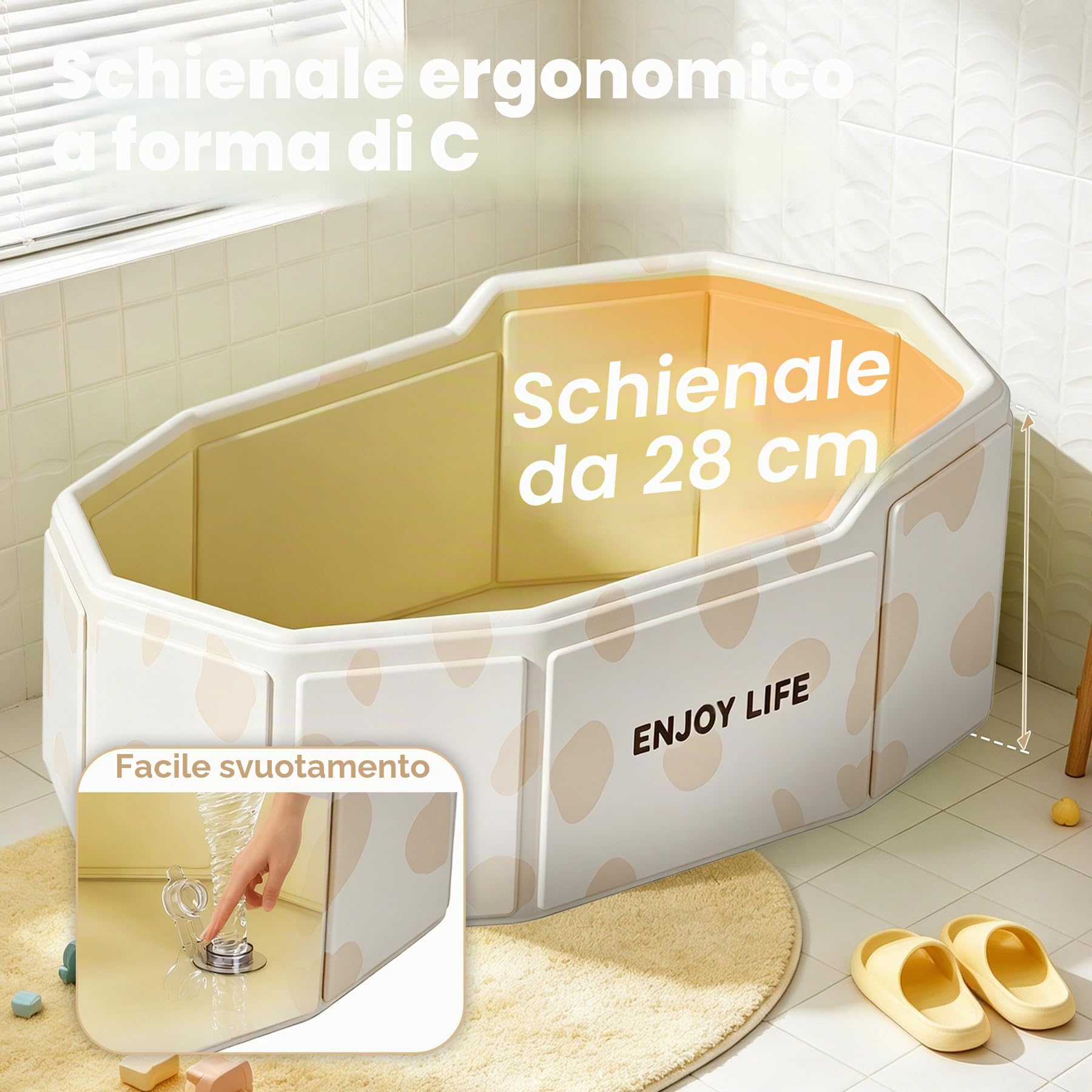 VEEKAY Vasca da Bagno Pieghevole per Bambini, 75x45x28cm Portatile e Salvaspazio, con Tappo di Scarico, Multiuso per Neonati e Bambini 0-8 Anni
