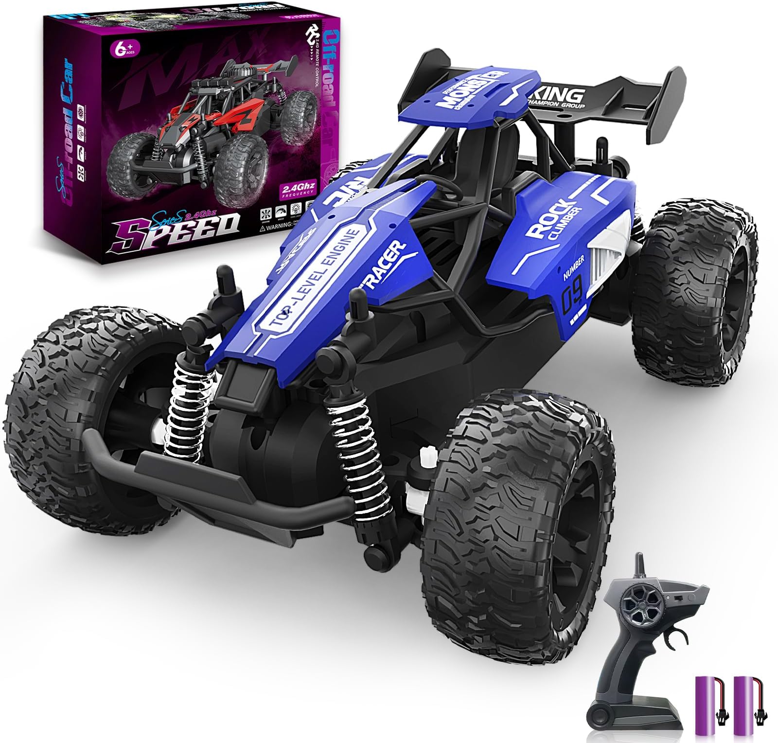 Carox 1:16 Scale RC Car for Kids, 2.4GHz High-Speed Electric Monster Truck, 20km/h, Dual 1000mAh Rechargeable Batteries, All-Terrain Tires, Shock Absorbing Suspension, Ideal Gift for Boys Aged 6-12