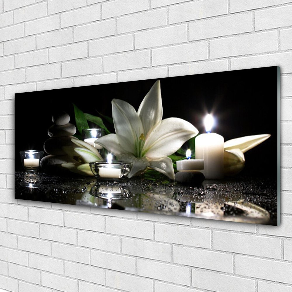 Tableau Floral Sur Verre Acrylique 125x50 Cm - Thème Pierres Et Fleurs - Style Moderne - Neuf
